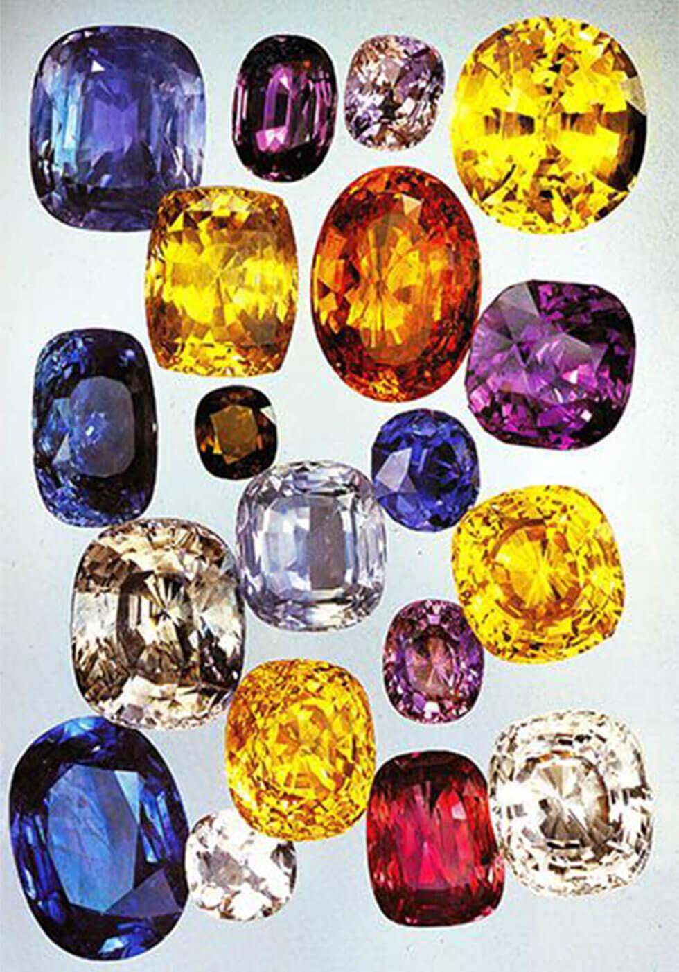 Colourful jewels including sapphire, white diamond, ruby, amethyst, amber, citrine