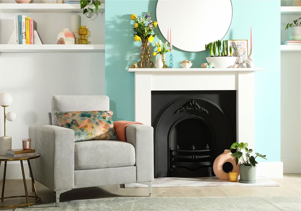 Easter mantelpiece with grey armchair