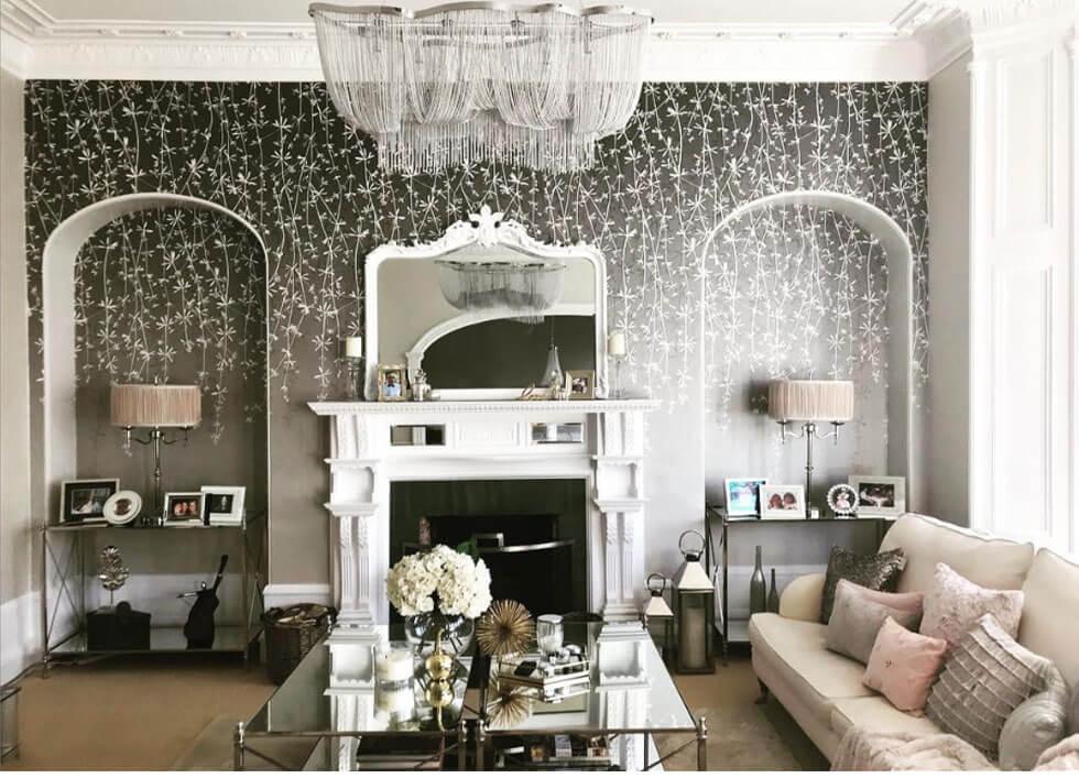Neutral living room with patterned wallpaper