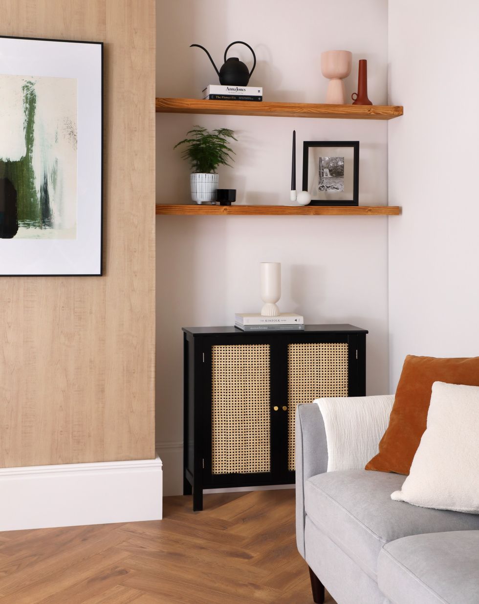 Modern living room with a Japandi style shelf