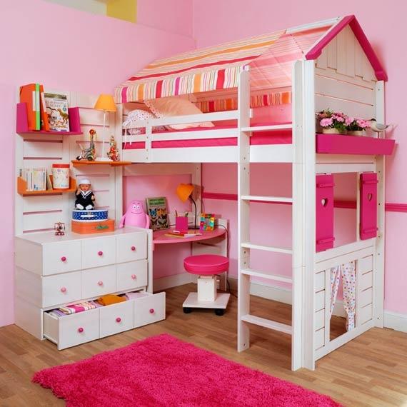 Pink-themed room with bunk bed.