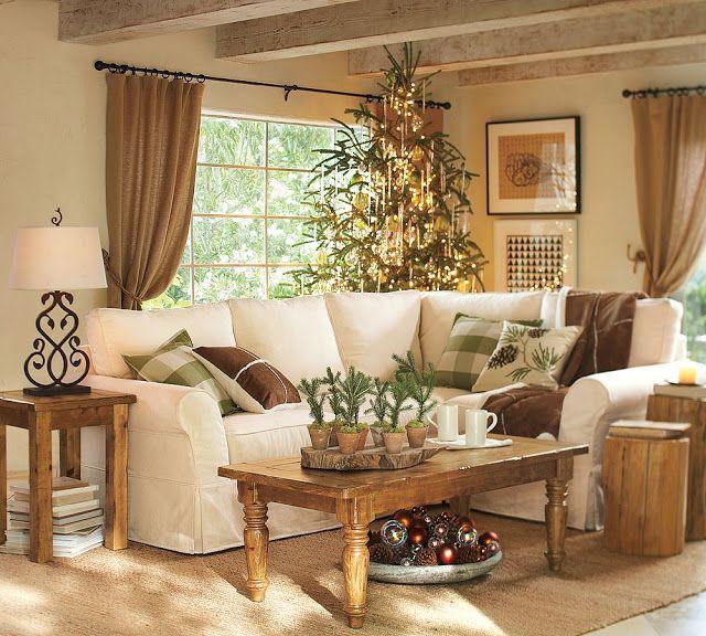 Rustic living room with wooden tables and white sofa