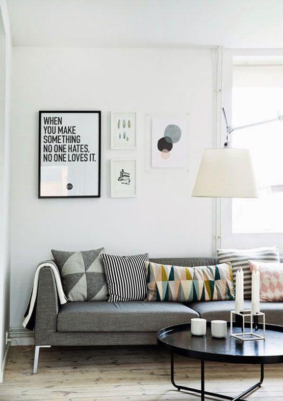 Grey sofa with graphic throw cushions