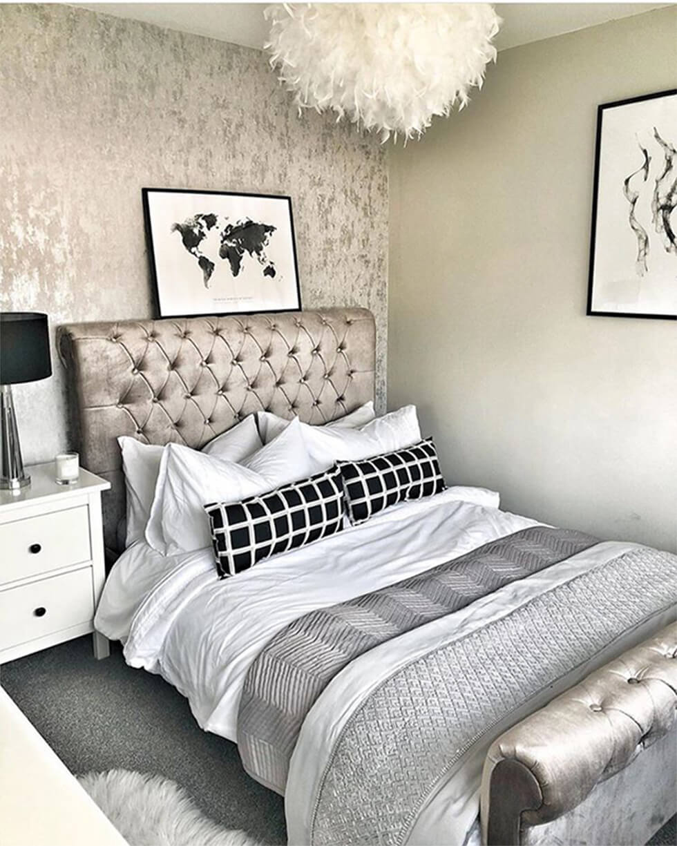 metallic silver painted feature wall in a modern bedroom