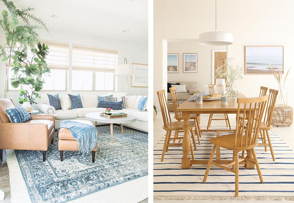 Bright and airy living room with neutral furniture with navy blue cushions, oak dining set with striped rug