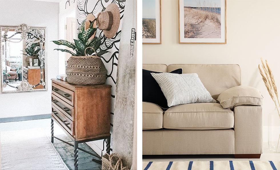 rattan baskets on top of wooden cabinet, linen sofa with cushions and striped rug