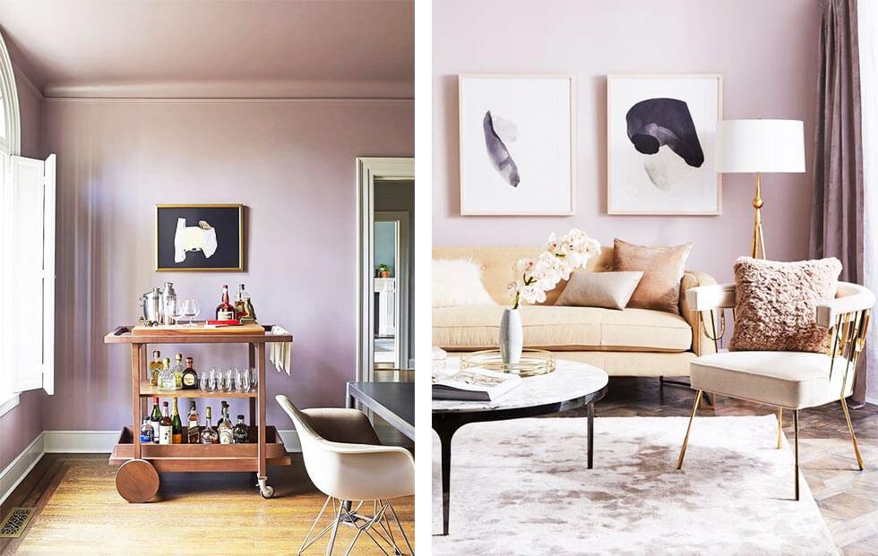 Mauve living areas with beige furniture and wooden bar cart.