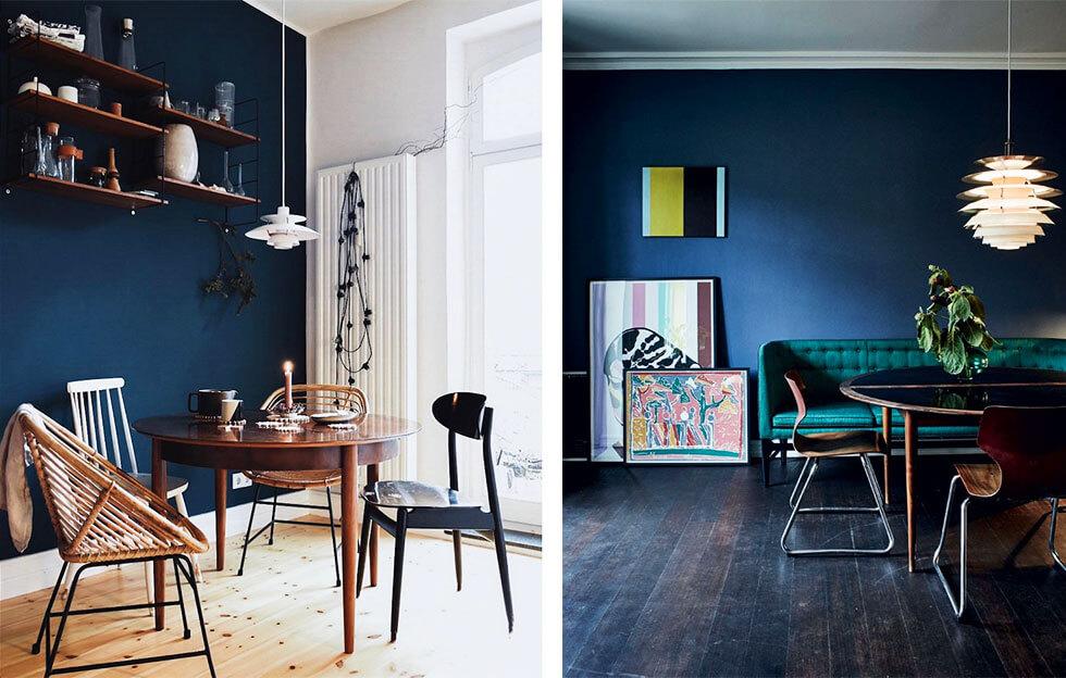 Dining spaces with a bold blue feature wall and wooden furniture