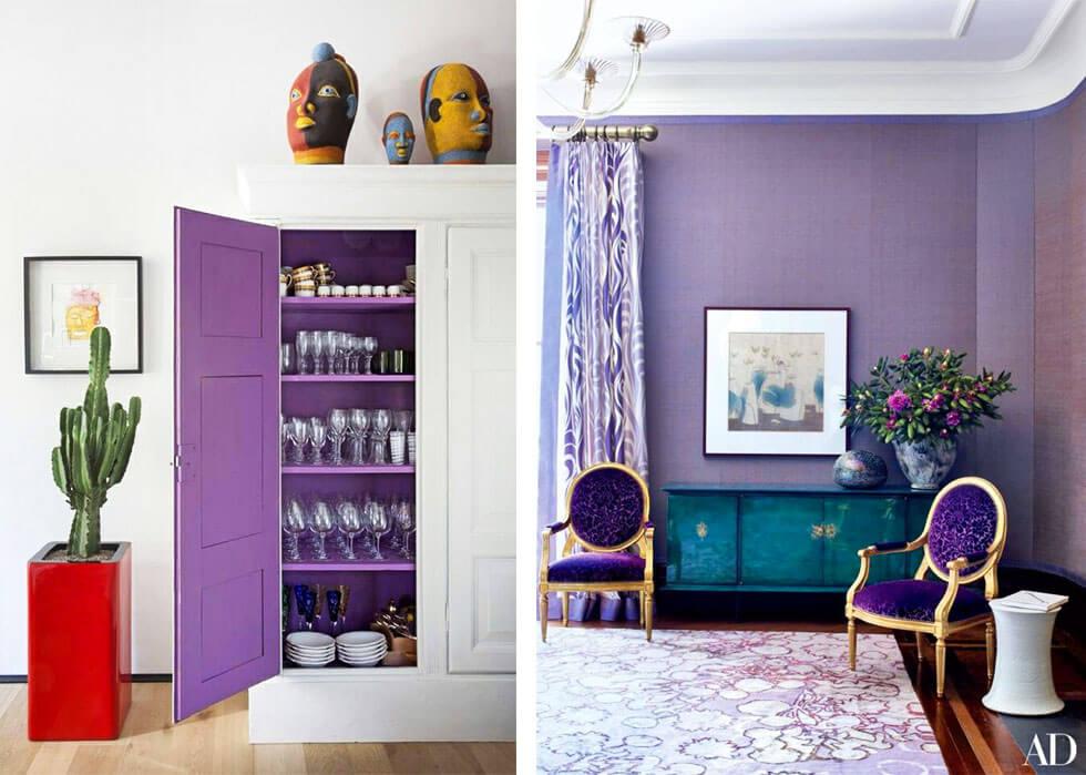 Living rooms with an ultra violet furniture and matching walls.