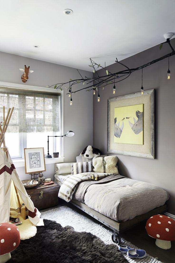 Grey bedroom with a white teepee.