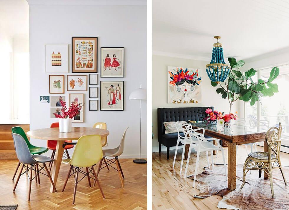 Colourful dining rooms with mismatched, mixed chairs.