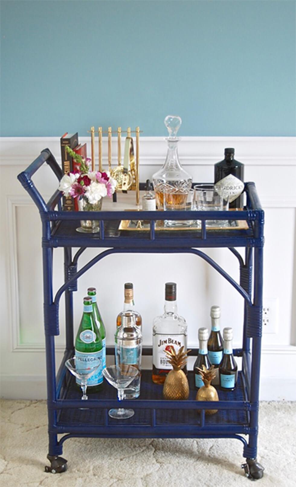 Glamorous blue rattan bar cart