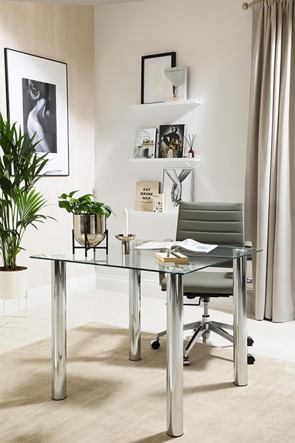 Neutral home office with chrome and glass table