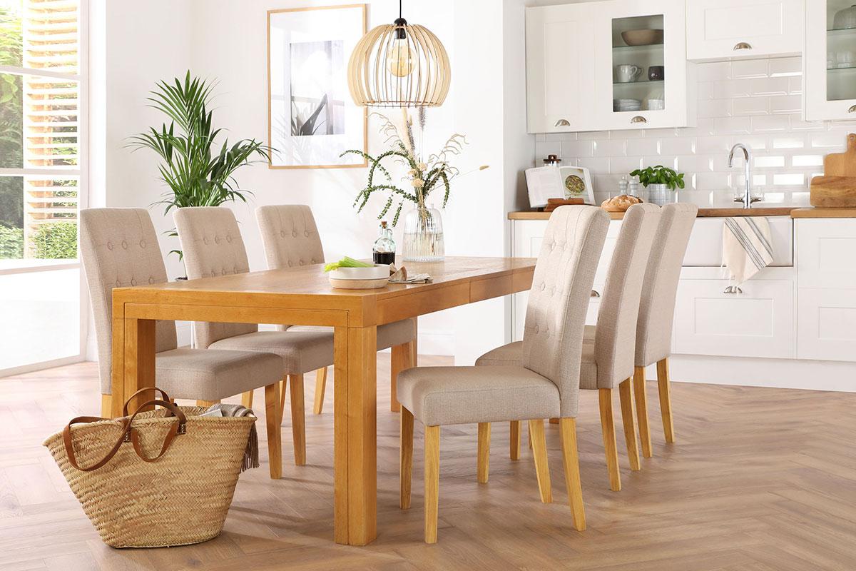 Cambridge Oak Extending Dining Table with Regent Oatmeal Fabric Chairs - Serene Spaces