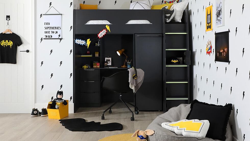 Superhero-themed shared bedroom with sleeper bed