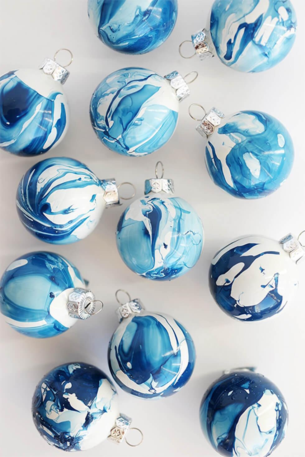 DIY blue and white marbled Christmas ornaments