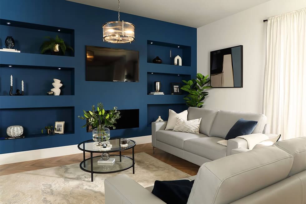 Bold feature wall as a focal point in a small living room