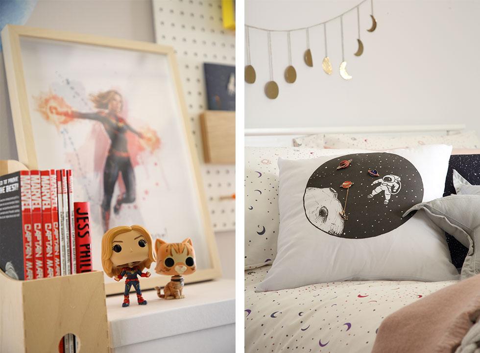 Fun Captain Marvel elements and cosmic home décorations.