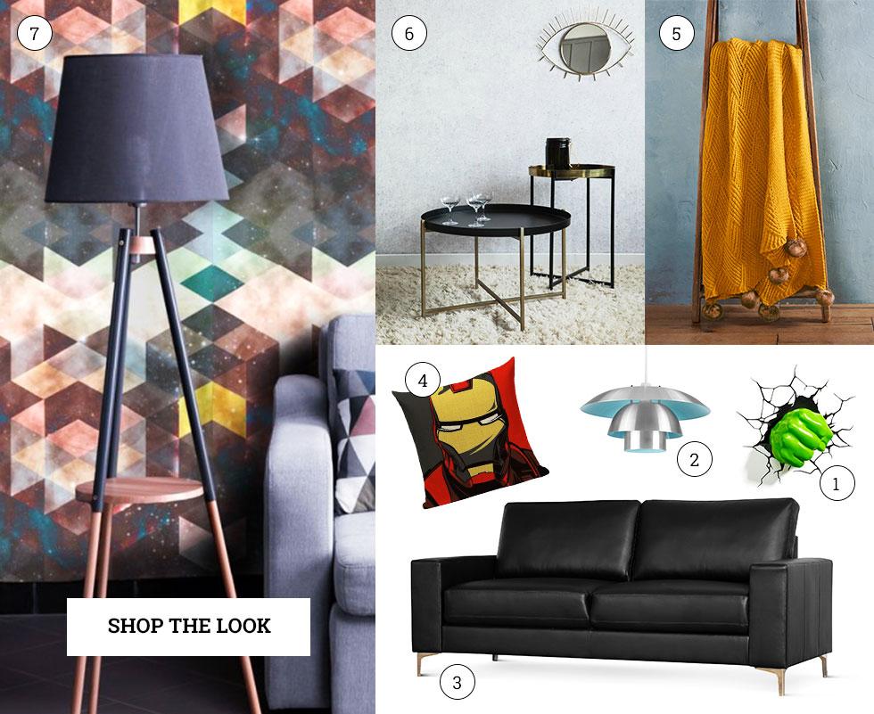 A collage of bold, modern home elements and furniture.