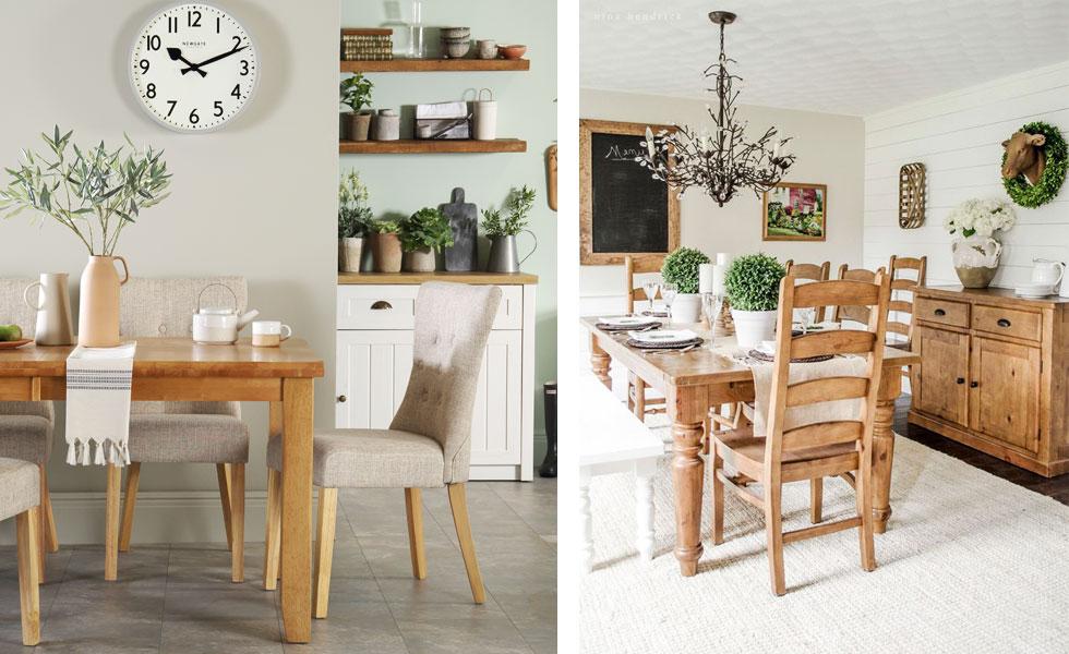 Collage of wooden dining sets with assorted chairs.