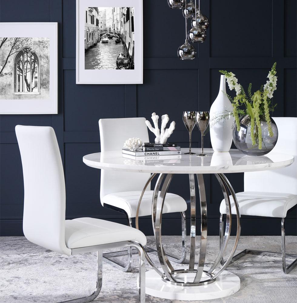 Classy white and silver dining set in a luxe dining room