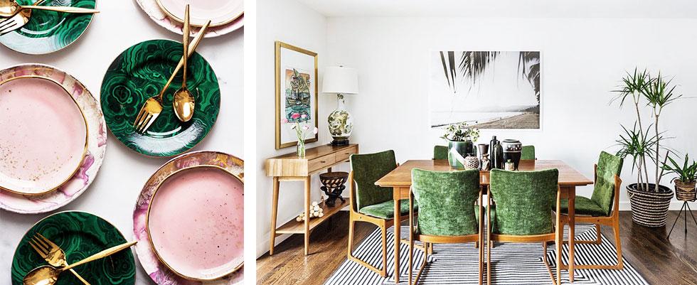 Series of pink and green home accessories.