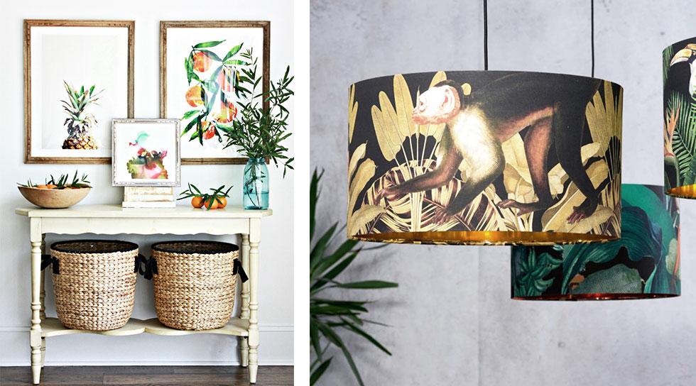 Collage of boldly printed wall art and lamps.
