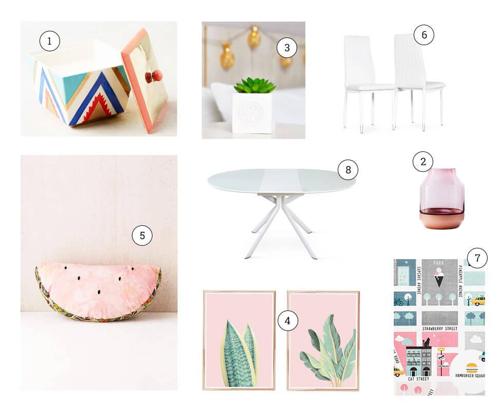 Collage of pastel home furniture and decor.