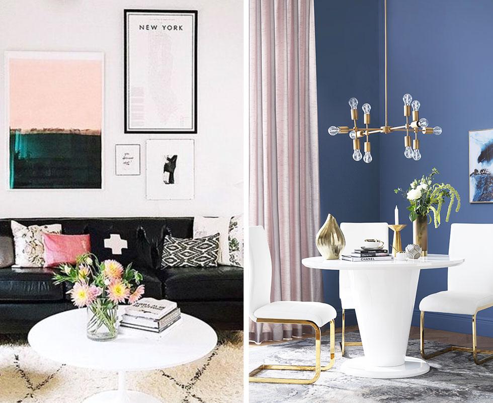 Collage of pastel-themed home spaces.