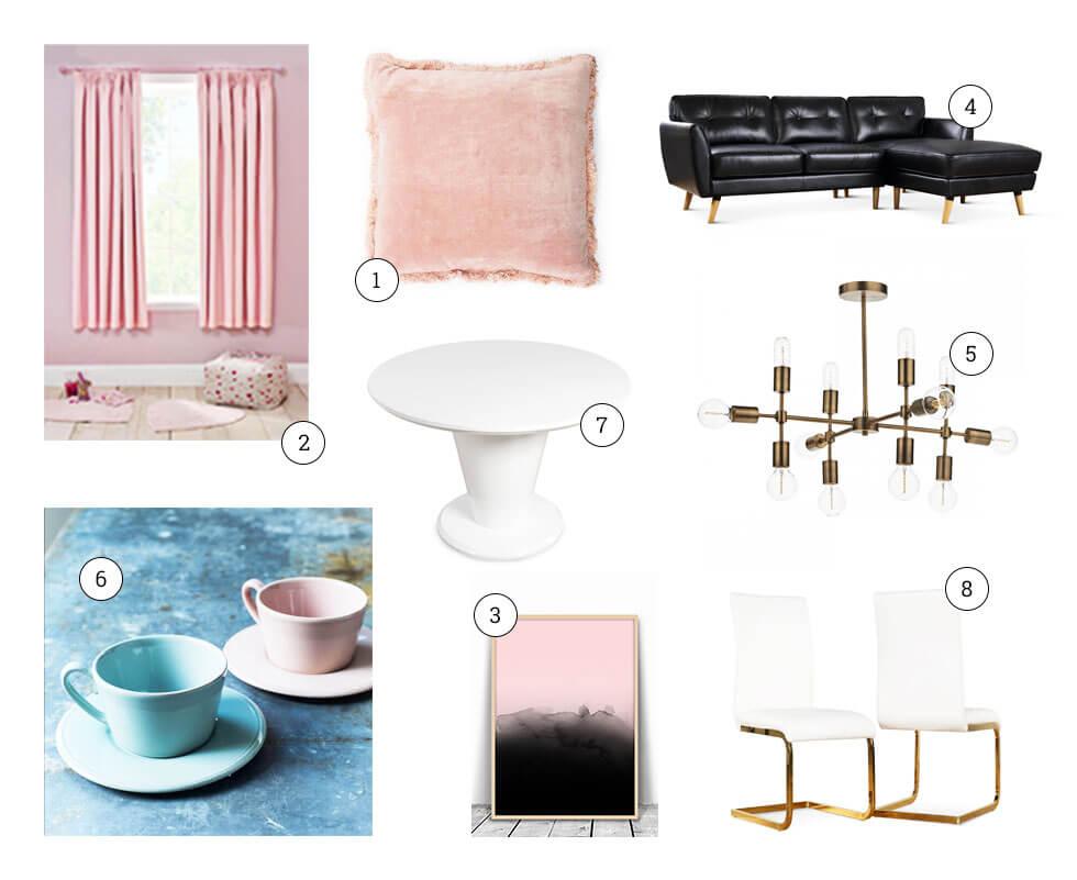 Collage of pastel home furniture and decor. 