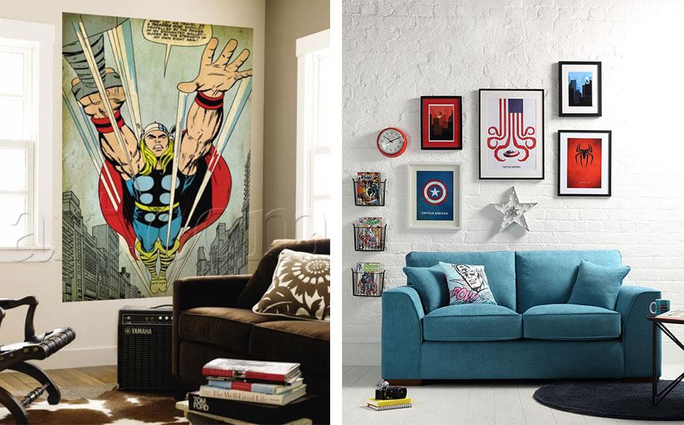 Collage of superhero-themed living rooms.