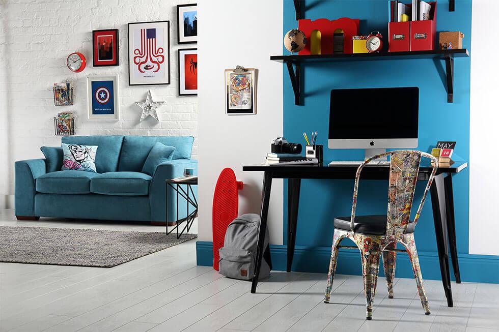 A white and blue superhero-inspired living room and study.