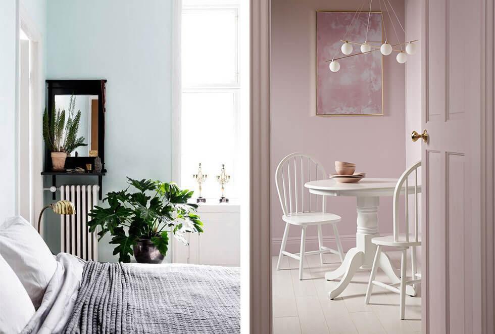 Light blue bedroom and a dreamy mauve dining room.
