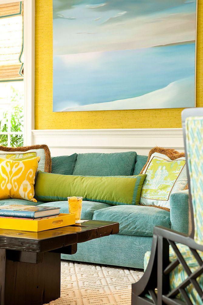 Teal and yellow-themed living space.