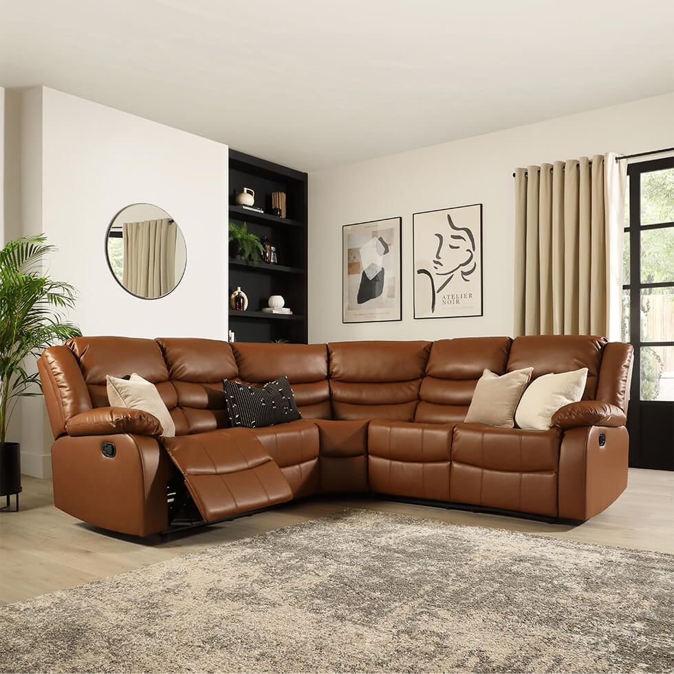 Brown recliner faux leather sofa in the living room