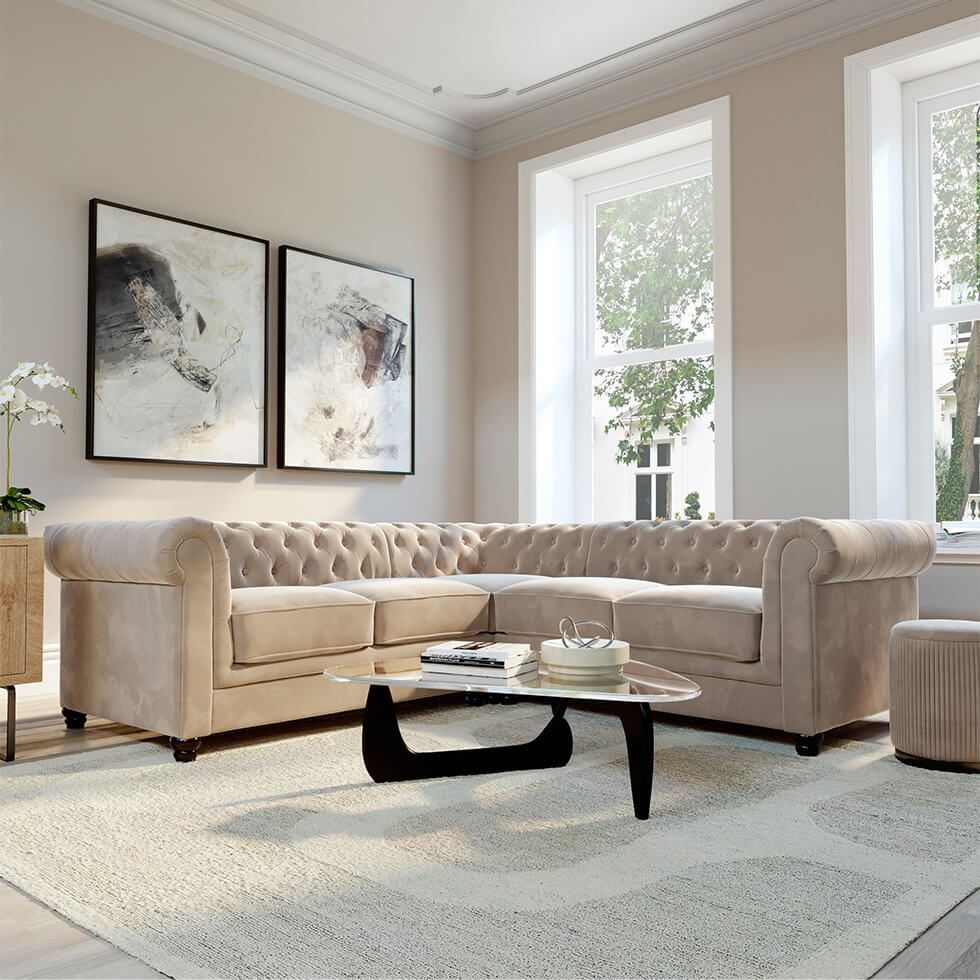 Classic Chesterfield corner sofa in a modern living room