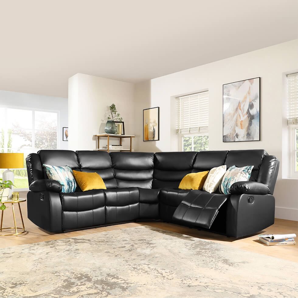 Black faux leather recliner corner sofa