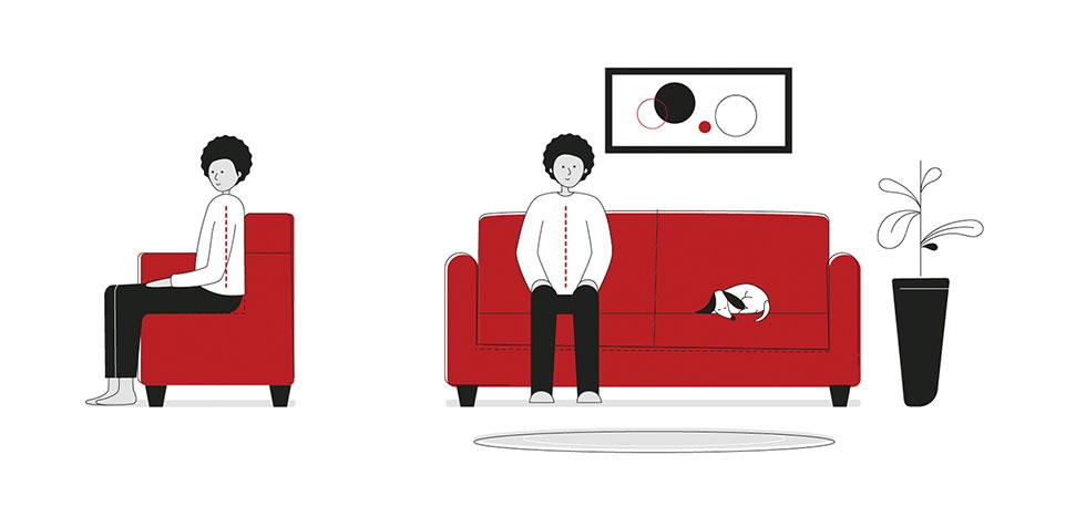Side and front illustrations of a man with good posture sitting up straight on the sofa with feet flat on the floor to avoid back pain.