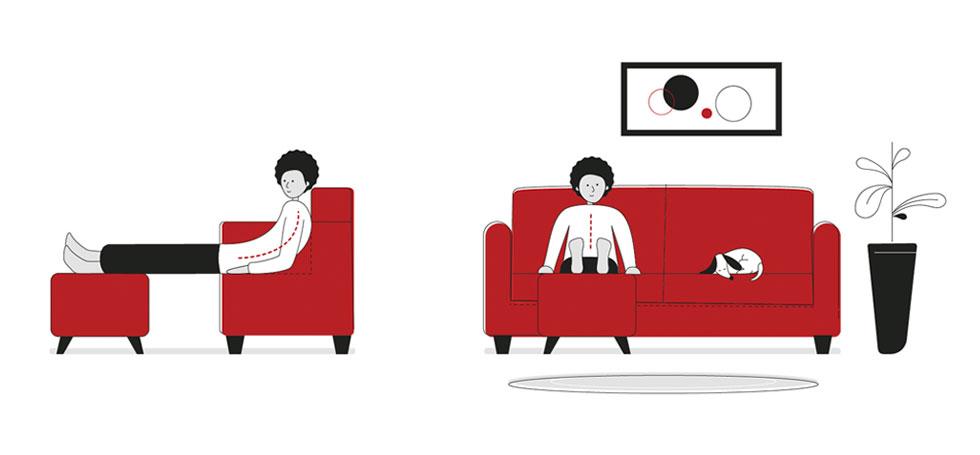 Side and front illustrations of a man with bad posture slouching on the sofa with legs resting on a stool