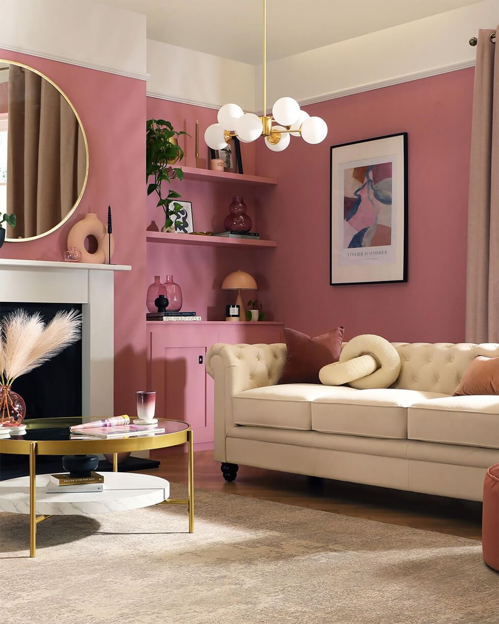 Chic pink living room with mauve pink walls