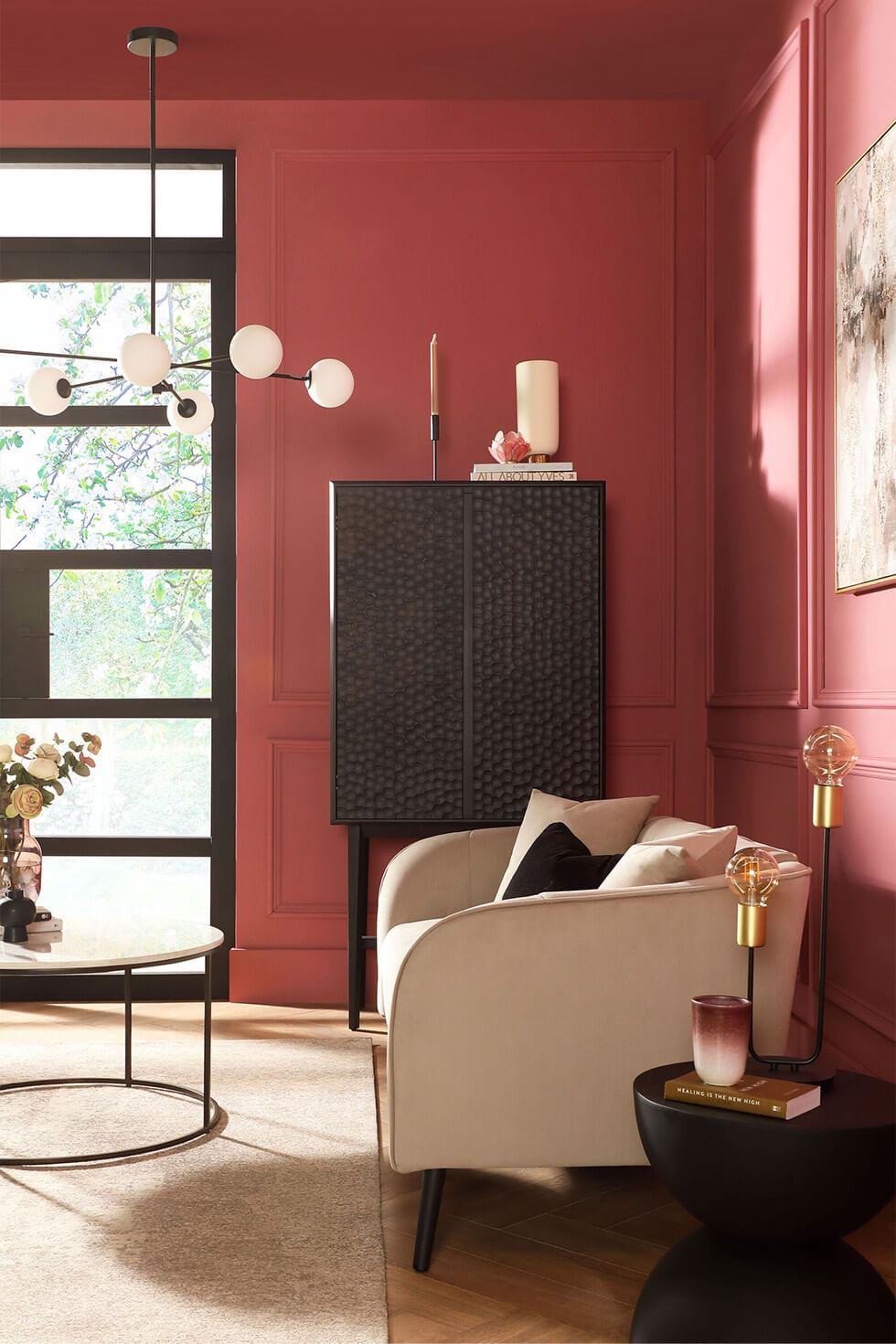 Modern pink living room with rouge pink walls