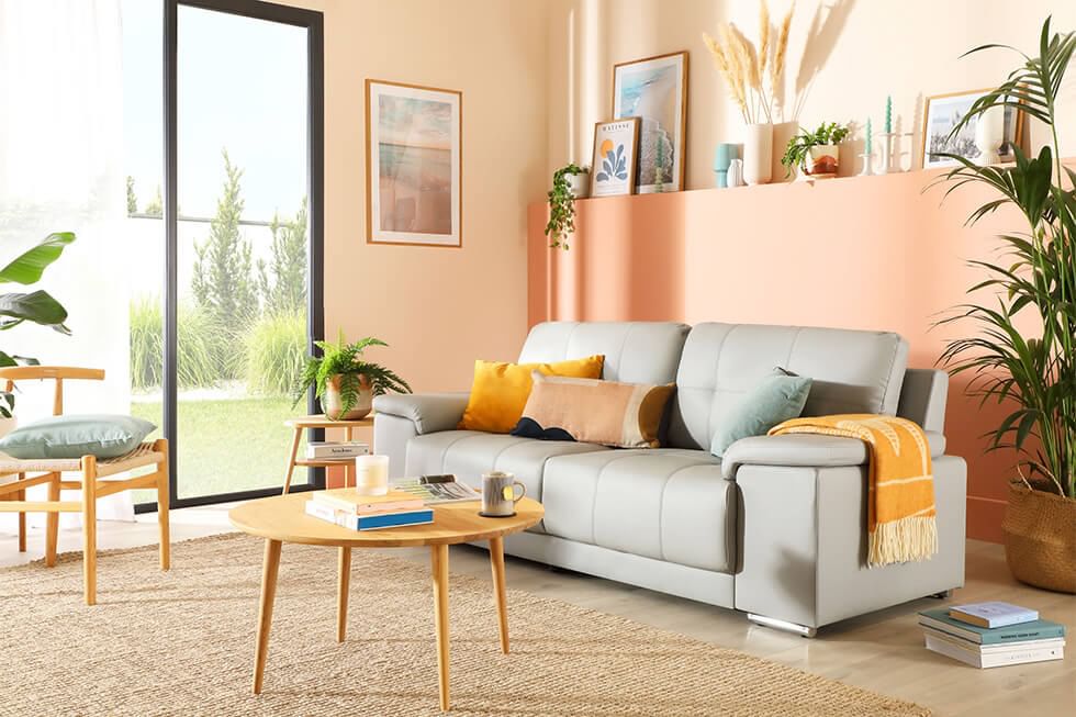 Bright living room with peachy pink walls