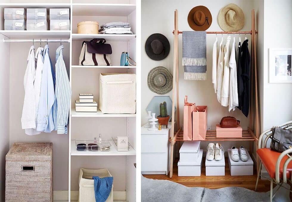 Tidy and organised wardrobes with clothing.