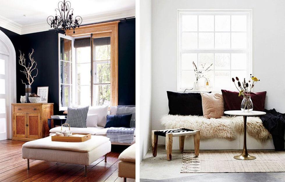 Stylish velvet furniture against different backdrops.