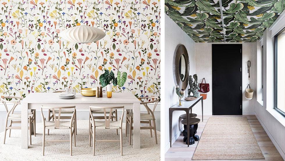 Colourful wallpaper prints on walls and ceilings.