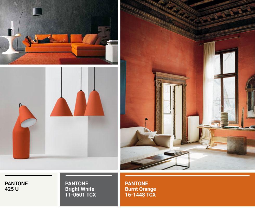 Collage of orange on sofas, lamps and walls.