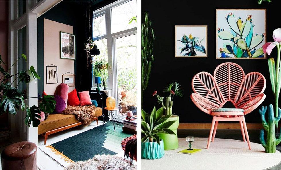 Two vibrant living rooms with fur rugs, rattan furniture and indoor plants.