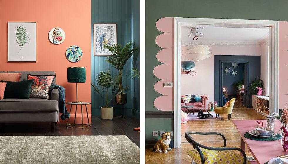 Maximalist living rooms with colour block trend