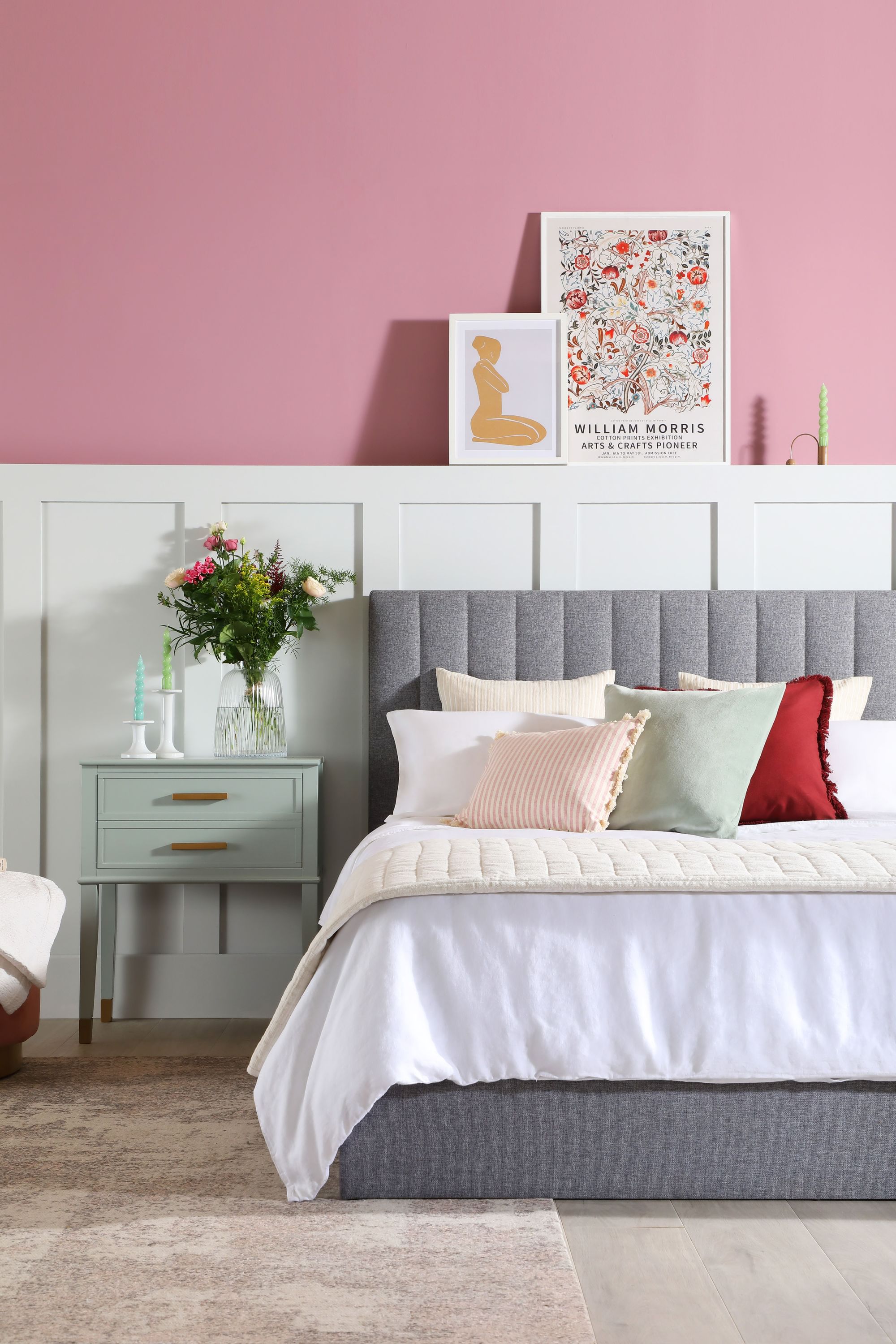 Shaker style half wall panelling in a contemporary bedroom