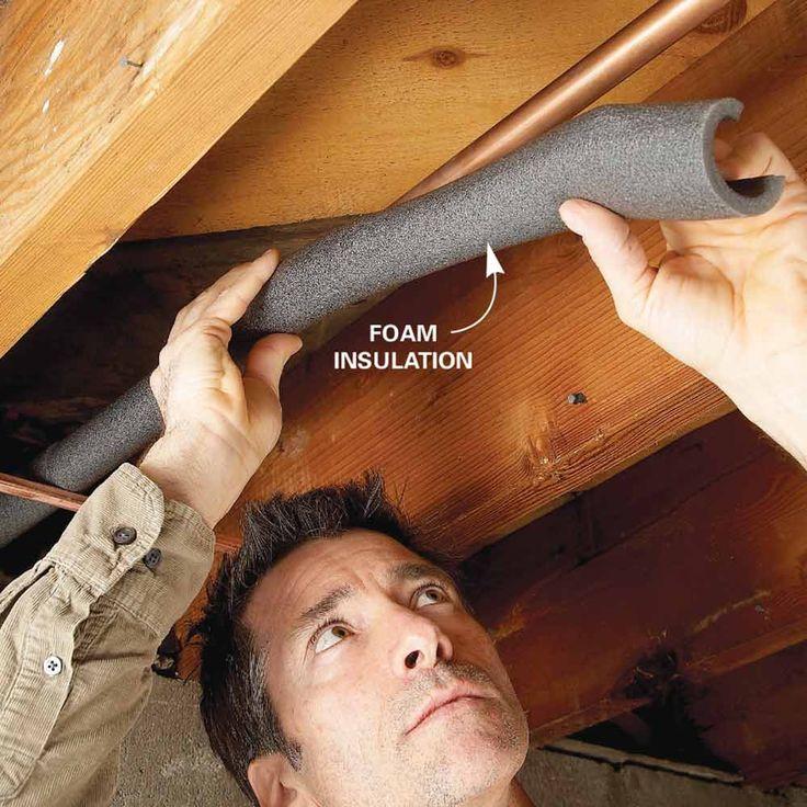 Man attaching foam insulation to wall and pipe.